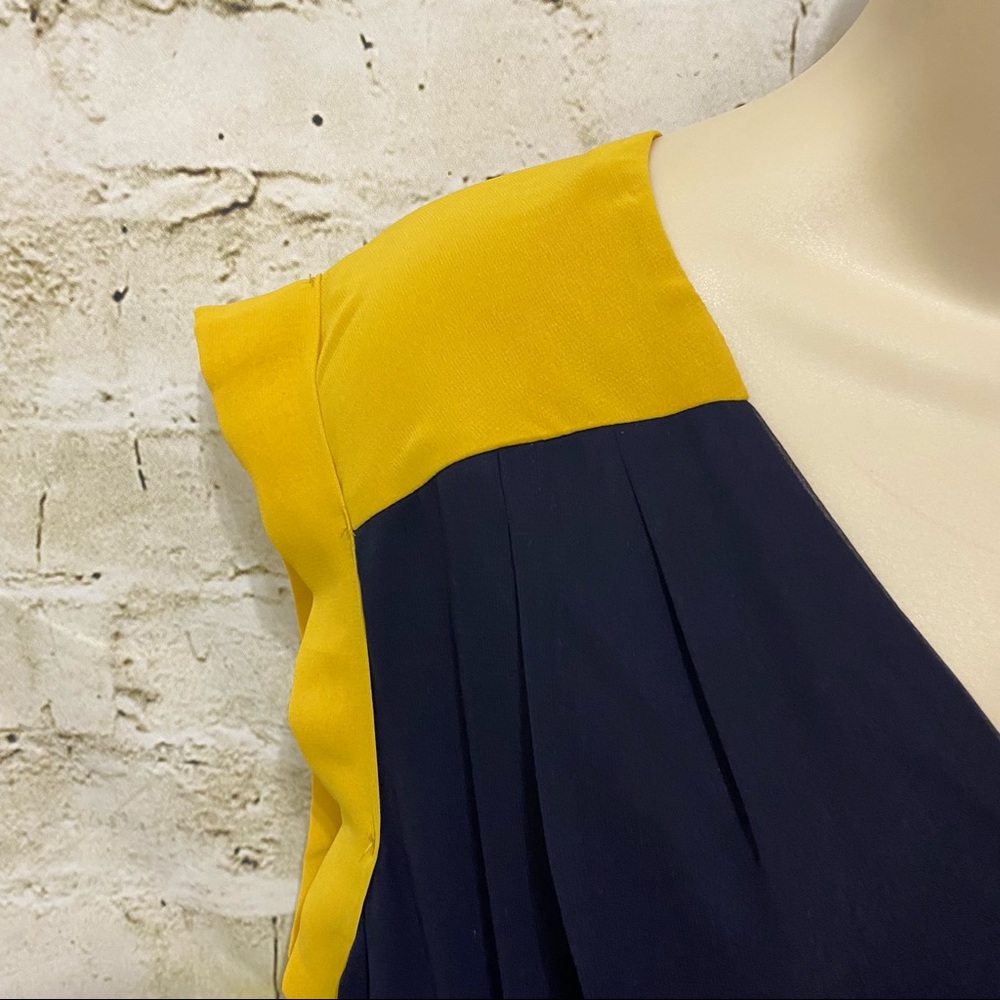 NEW Enfocus Blue Mustard Yellow Split Neck Stretch Waist Dress - Picture 3 of 6